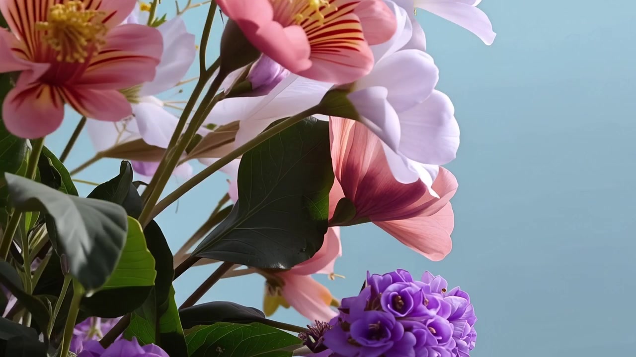 Bellissimo bouquet di fiori rosa, viola e bianchi su sfondo blu.