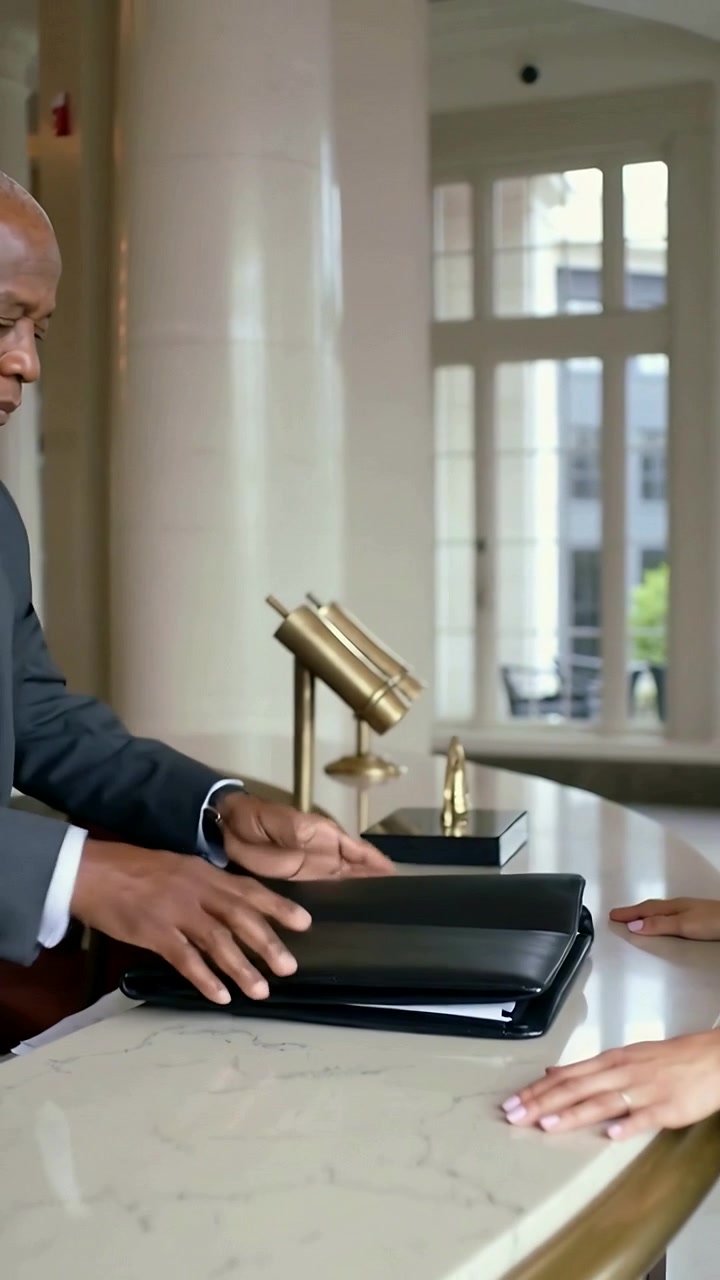 Video verticale: Una mano che si protende, un uomo in abito scuro che posa una cartella alla reception per il check-in.