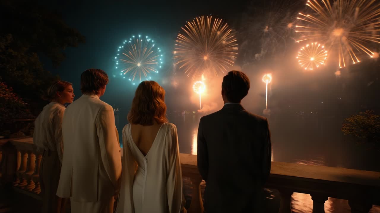 A Captivating Night of Celebration: A Group of Friends Watching an Enchanting Display of Colorful Fireworks Lighting Up the Skyline Over a Serene Lake, Creating a Magical Atmosphere Filled with Joy