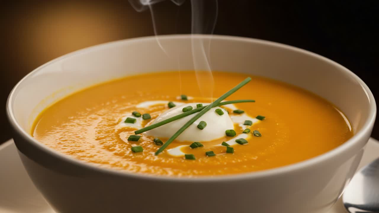 A delicious bowl of creamy soup garnished with chives and sour cream