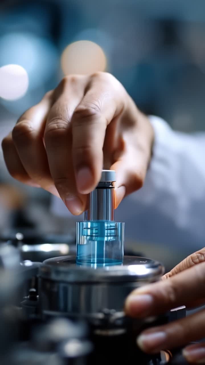 Scienziato regola una provetta con liquido blu sotto un microscopio da laboratorio. Le mani mostrano precisione e concentrazione durante una procedura delicata. Il liquido blu brillante emette una luce soffusa contro l'attrezzatura metallica.