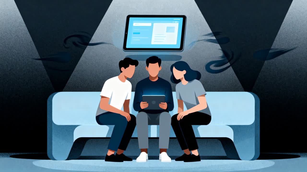 Glowing tablet drawing three casual friends closer on pale blue bench, center presenting device