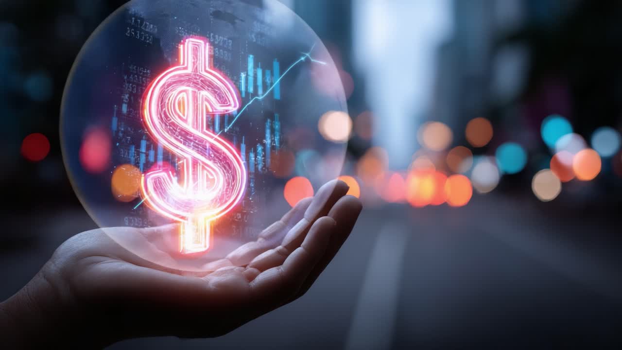 En kreativ visualisering af finansiel vækst: Oplyste dollarsymboler omgivet af dataanalyse i et dynamisk bymiljø.