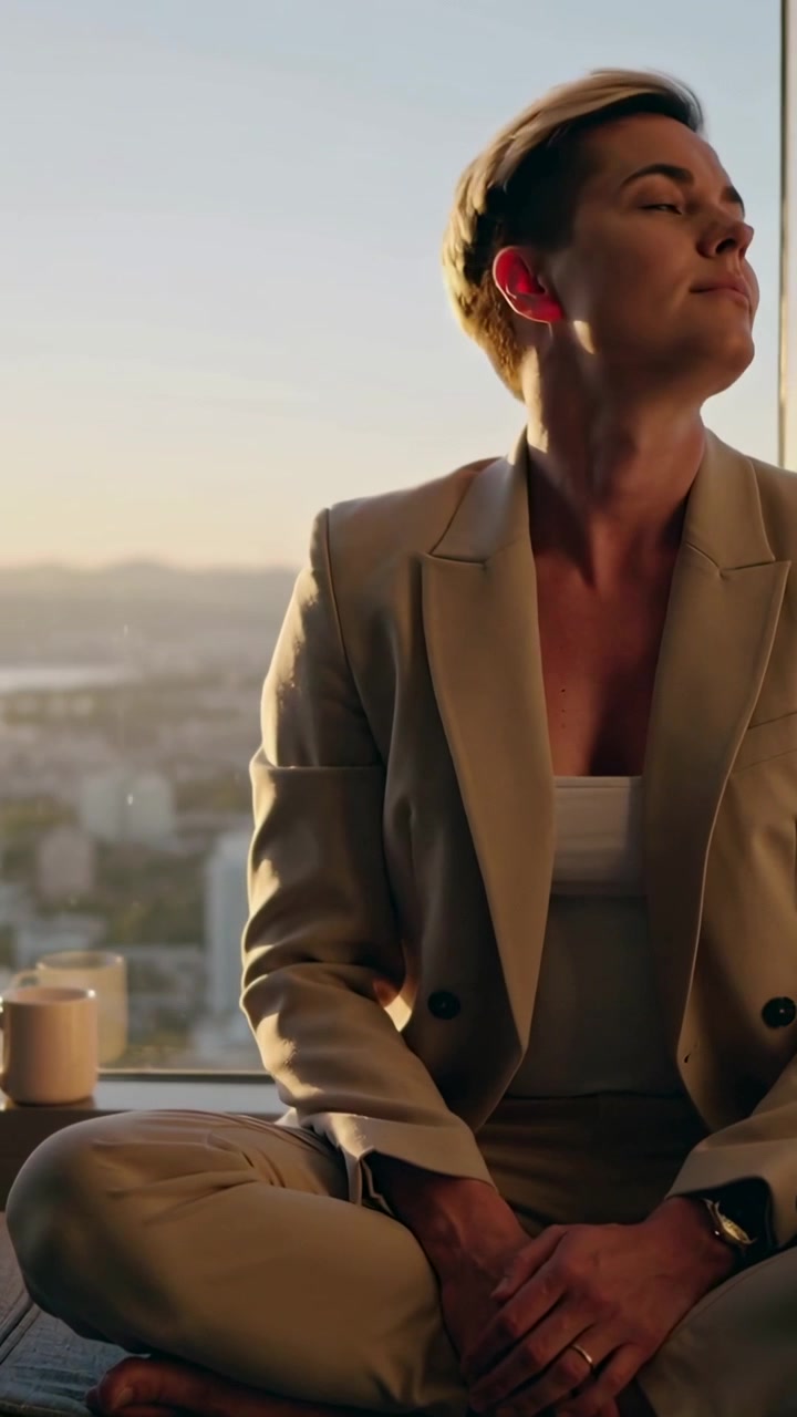 Vídeo vertical: Mulher inclinando-se com blazer bege apanhando o sol quente na janela da suíte para calma, com caneca