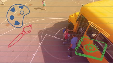 Animation-Von-Palette-Und-Pinsel-über-Verschiedene-Schüler,-Die-In-Den-Schulbus-Gehen
