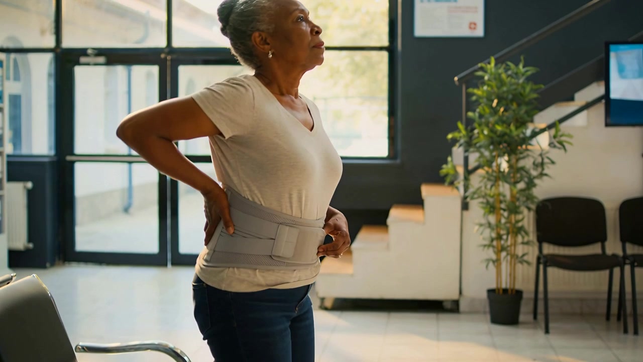 Reacting to back pain, senior woman wearing beige tee, jeans adjusting lumbar belt