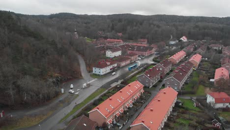 aerial view of colorful cottages in jonsered in sweden, static shot