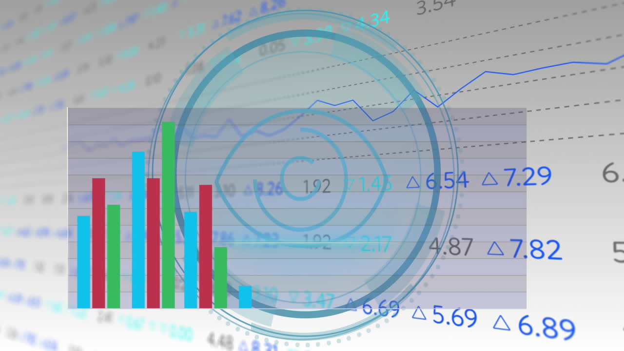Animation of search icon, scope and financial data processing