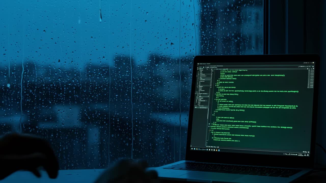As rain softly falls outside my urban apartment, I find myself coding while the vibrant city lights twinkle in the background