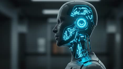 futuristic robot head with glowing circuitry: a close-up perspective on advanced technology and artificial intelligence in a modern setting