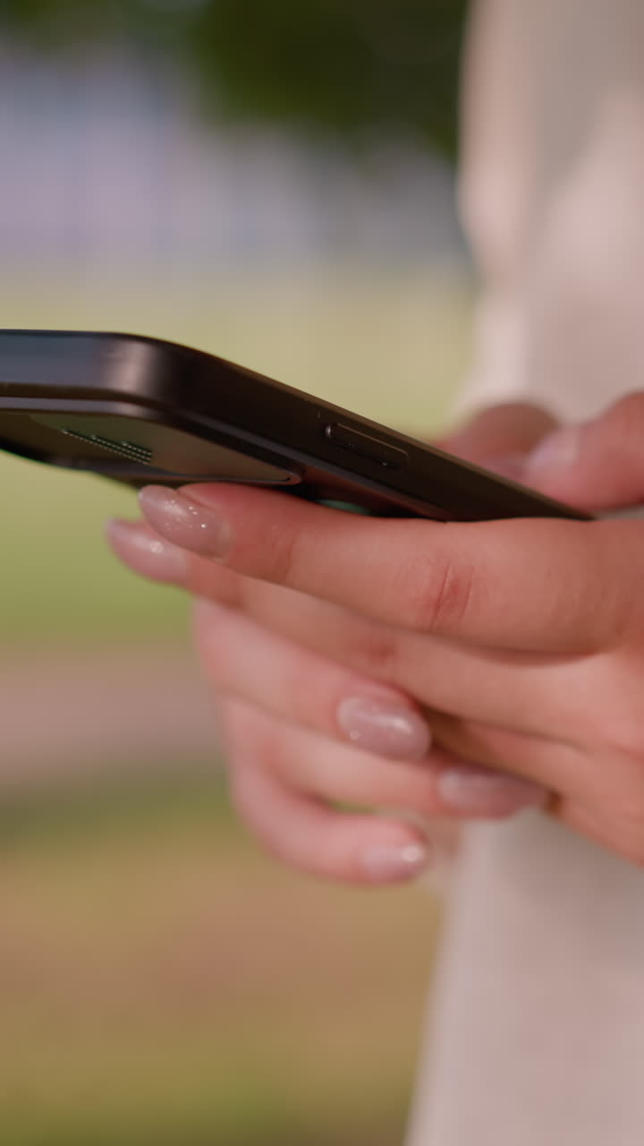 primer plano de la mano del individuo escribiendo en el teléfono inteligente, uñas bien pulidas, contra un fondo verde suave y borroso con una figura débil en la distancia
