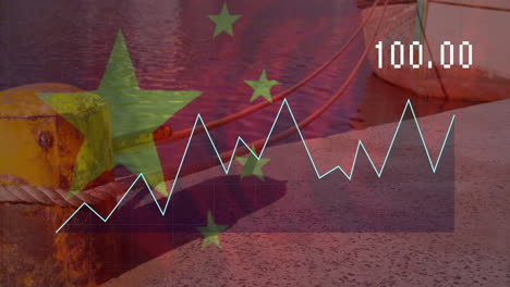 Animation-Der-Verarbeitung-Finanzieller-Daten-Und-Der-Flagge-Chinas-über-Der-Landschaft