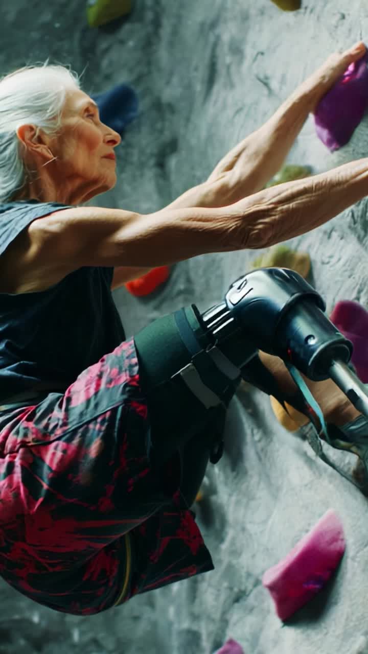 An inspiring determination in climbing: A skilled individual effortlessly tackles a rock wall, showcasing strength and resilience while using a prosthetic leg