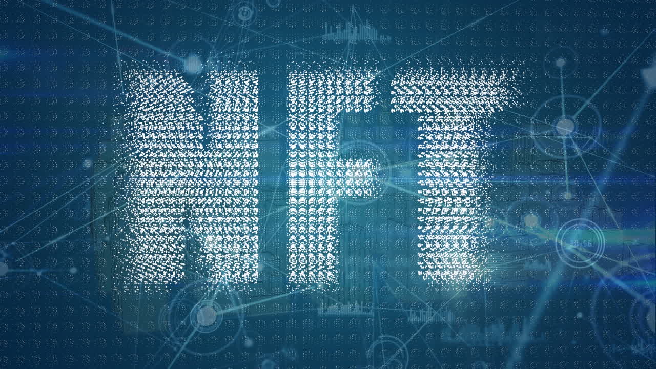 데이터 처리의 애니메이션과 파란색 배경에 nft 텍스트