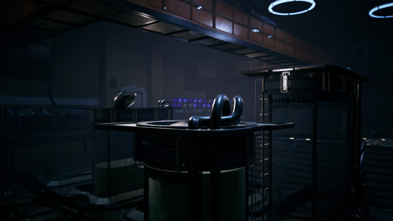 저조한 조명에서 첨단 기술을 가진 미래의 시설의 제어실