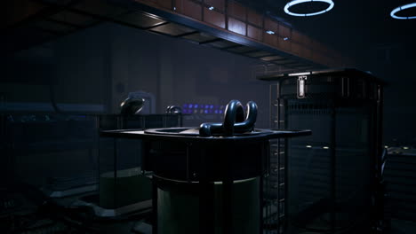 control room of a futuristic facility with advanced technology in low light