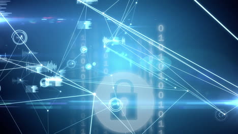 animación digital de la red de conexiones a través del icono de candado de seguridad sobre fondo azul