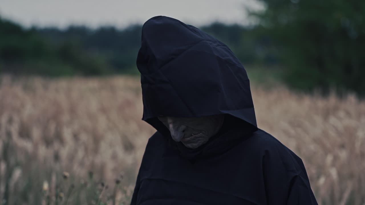 Close-up scary face of ghost. Nightmare in black costume with hood looking at camera and going away on the field. Fright concept. Halloween.