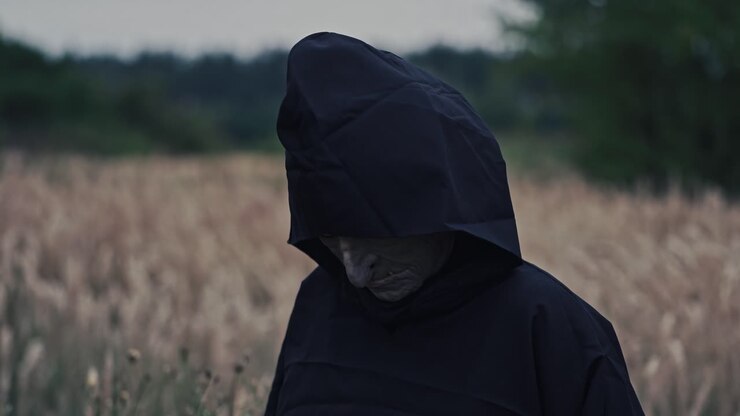 Close-up scary face of ghost. Nightmare in black costume with hood looking at camera and going away on the field. Fright concept. Halloween.