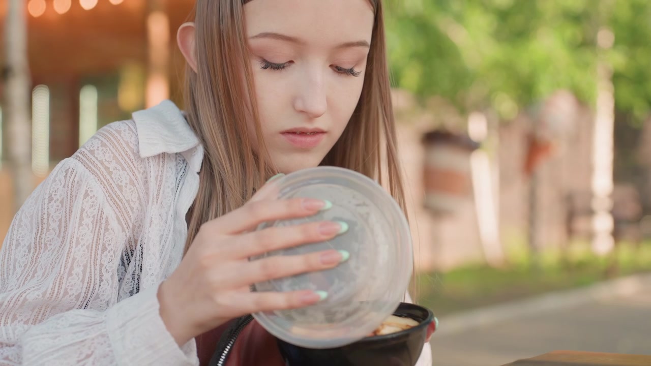 Primo piano di una giovane donna con lunghi capelli castani che indossa un top di pizzo bianco, che tiene una piccola borsa rossa e la apre. La donna poi tira fuori un contenitore nero dalla stessa borsa in un ambiente esterno.
