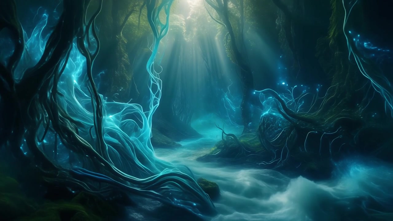 Mystisk glødende skov med bioluminescerende lianer og flydende tåge