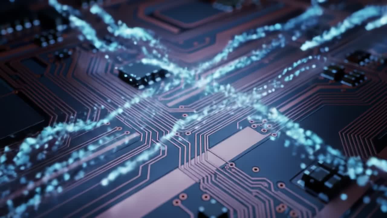 Intricate Patterns of a Circuit Board with Glowing Connections and Data Flow, Showcasing the Complexity of Modern Technology in Action
