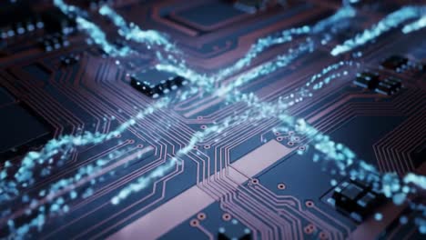 intricate patterns of a circuit board with glowing connections and data flow, showcasing the complexity of modern technology in action