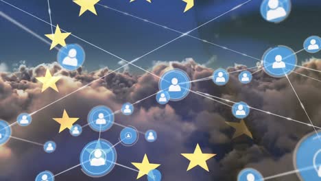 Animation-of-network-of-connections-of-icons-with-people-over-european-union-flag-and-clouds
