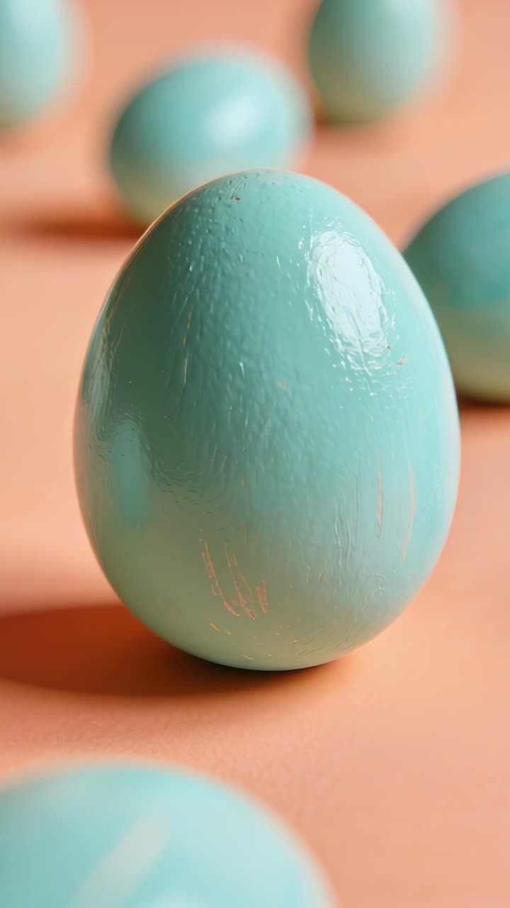 Video vertical: Se muestra un huevo turquesa pintado mientras la cámara se aleja sobre un tapete color melocotón, revelando huevos