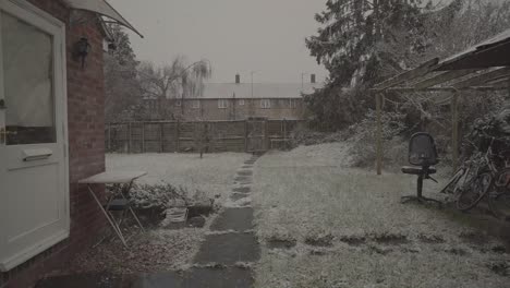 copos de nieve en cámara lenta cayendo en el jardín de la casa en cambridge inglaterra uk durante el invierno