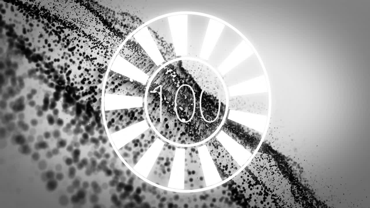 Animation of black and white particles forming abstract pattern with 100 in circle