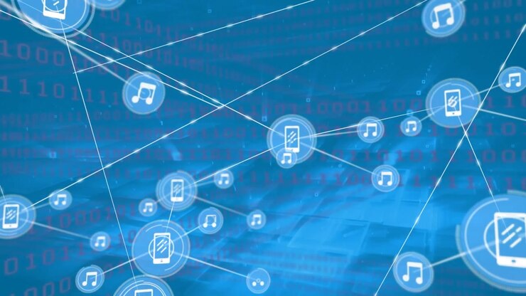 Animation of network of connections with icons and binary coding data processing