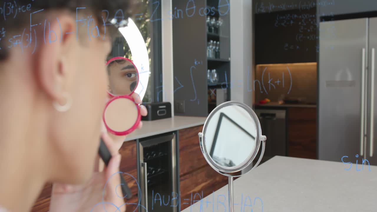 Man holding pink compact, applying makeup for beauty while math overlay forming graph over face