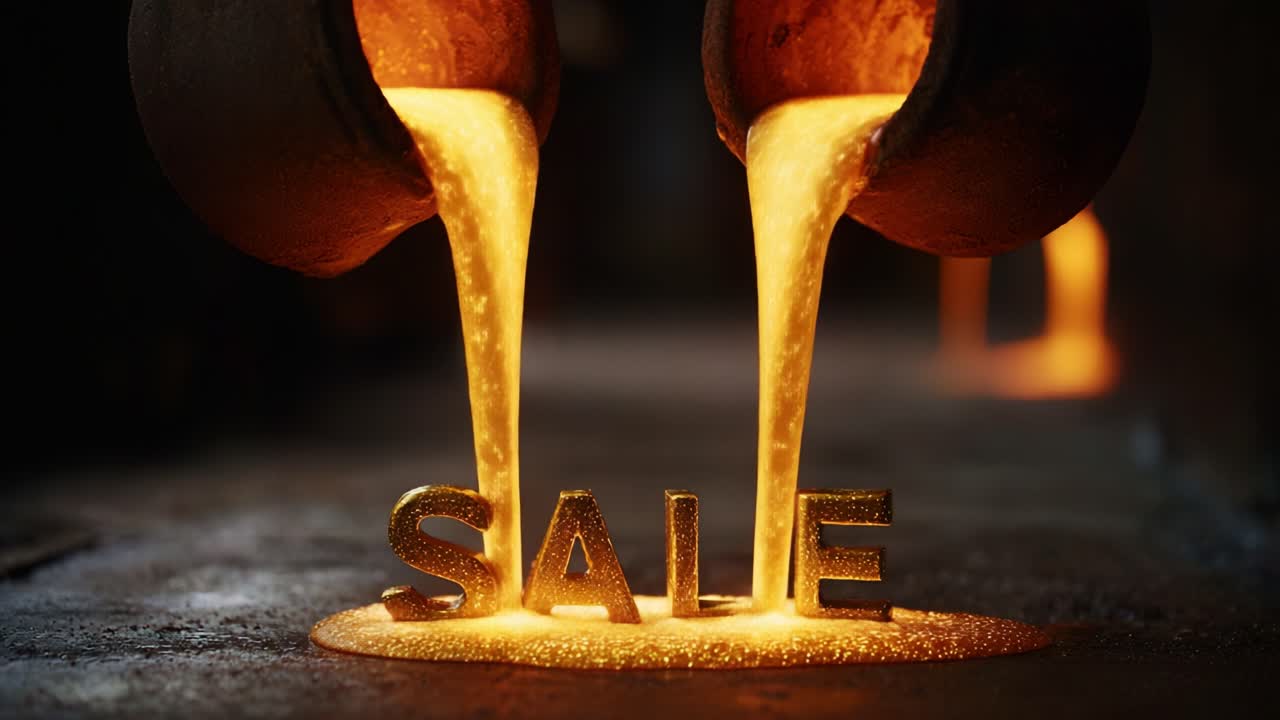 Golden Liquid Pouring from Two Containers Surrounds the Word 'SALE' Formed from Glimmering Letters, Creating a Stunning Visual Representation of a Limited Time Promotion