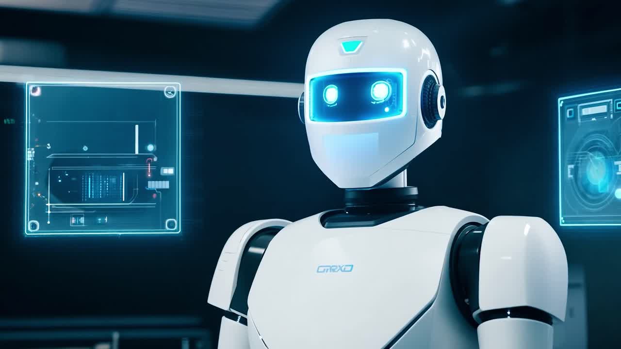 un robot avanzado interactúa con pantallas de datos holográficos en un laboratorio de alta tecnología. realizando gestos con las manos para manipular pantallas digitales