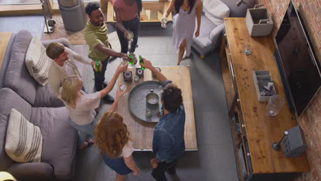 Fotografía-Cenital-De-Un-Grupo-Multicultural-De-Amigos-En-El-Salón-De-Casa-Haciendo-Un-Brindis-Con-Cerveza-Y-Vino.