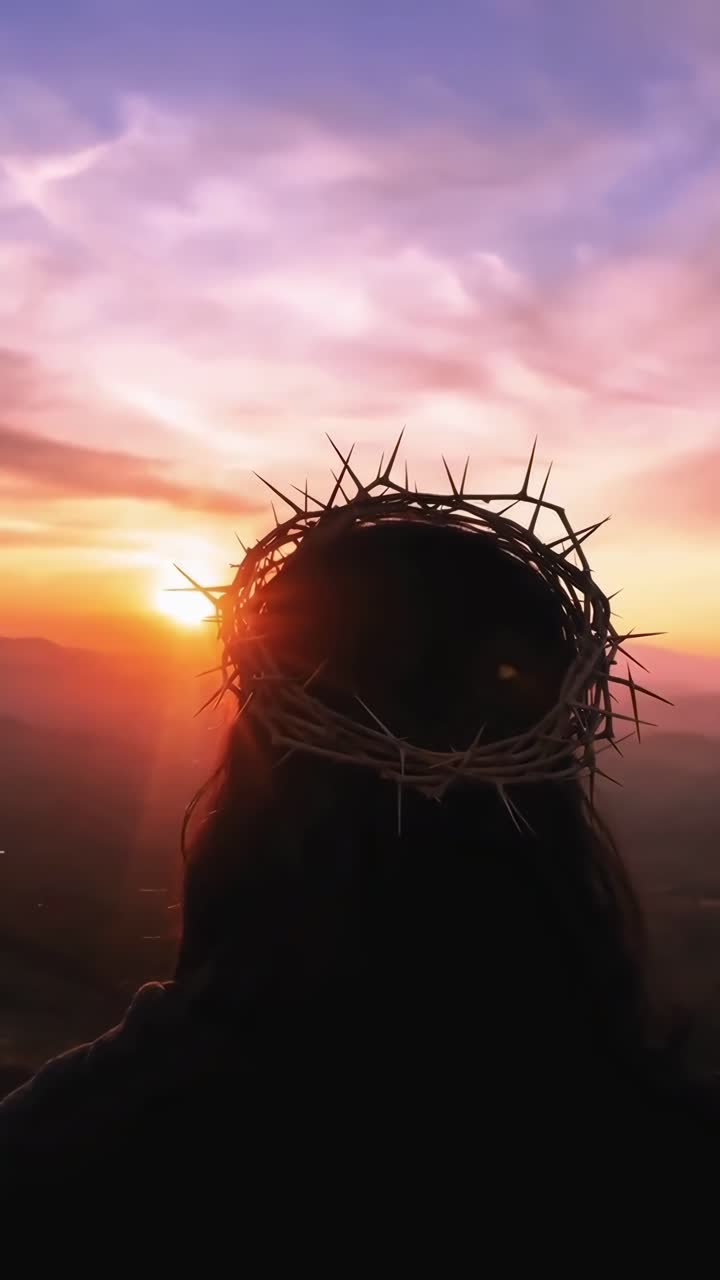 Sagoma di una figura con una corona di spine al tramonto, ripresa da dietro, in stile video.