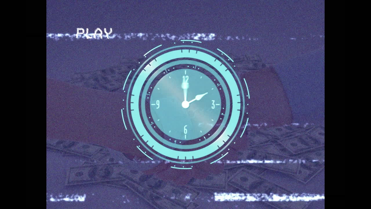 vhs의 애니메이션, 플리치 효과, 타크하는 시계, 손을 흔드는 사업가, 미국 달러 지폐