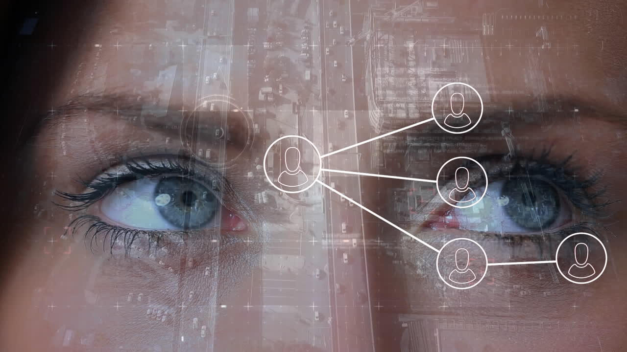 animación de iconos conectados, vista aérea de edificios y vehículos, ojos recortados de una mujer caucásica