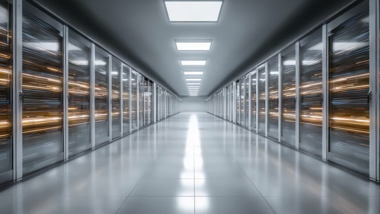 Interno di un Moderno Data Center con Rack di Server High-Tech Illuminati da Luce Intensa, che Mostra un Design Complessivo di Infrastruttura Digitale Elegante e Avanzata