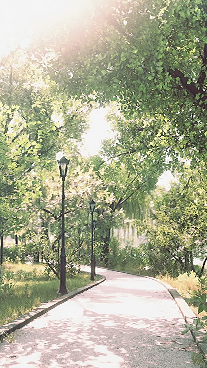 잎을 통해 빛나는 빛으로 푸른 숲을 가로질러 휘어지는 길