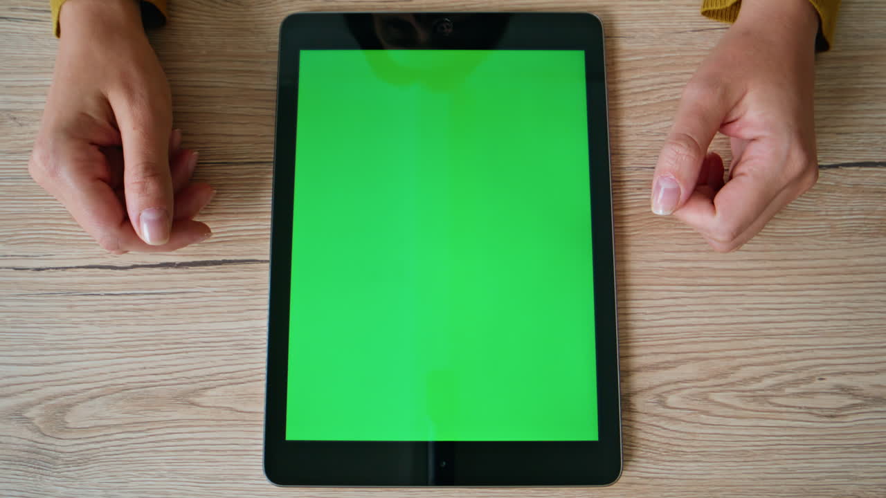 Businesswoman fingers zooming mockup tablet at office table closeup top view