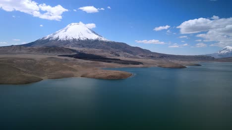 Aerial-view-of-Chungara-Lake,-Lauca-National-Park-in-Chile---dolly,-drone-shot