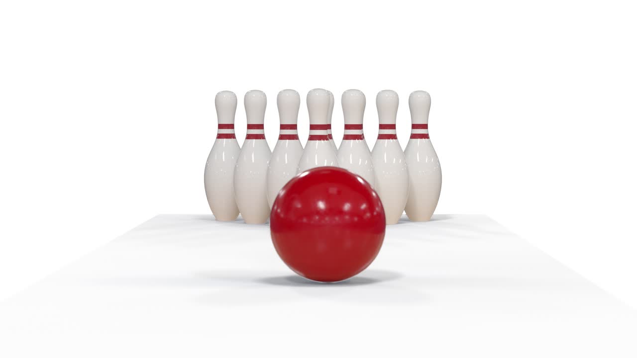 Strike di bowling al rallentatore su sfondo bianco