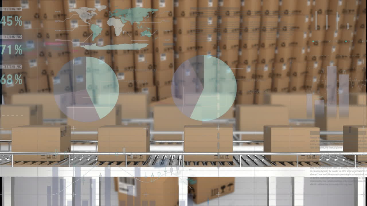 анимация обработки финансовых данных над коробками на конвейерной ленте на складе