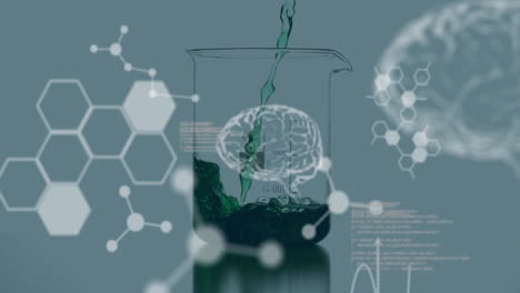 animation of scientific data processing over liquid pouring into beaker