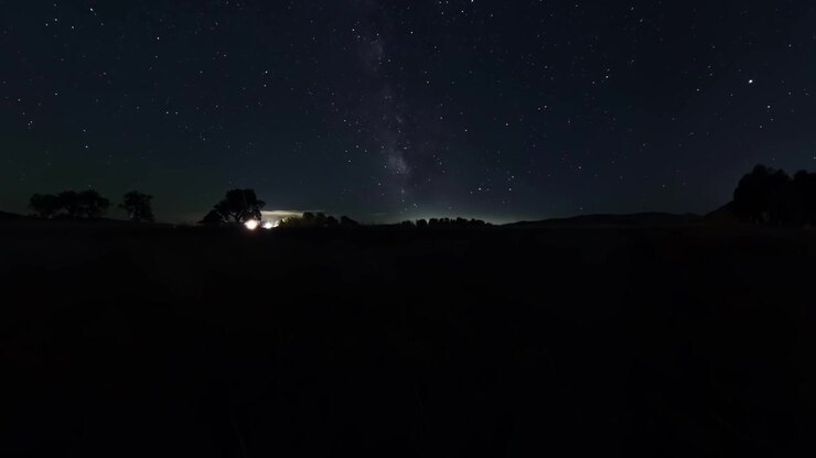 Un timelapse grandangolare mostra la Via Lattea che si inarca sul paesaggio montano dell'Idaho centrale, con stelle nitide sopra, alberi in silhouette, un primo piano erboso e un'illuminazione notturna serena e chiara