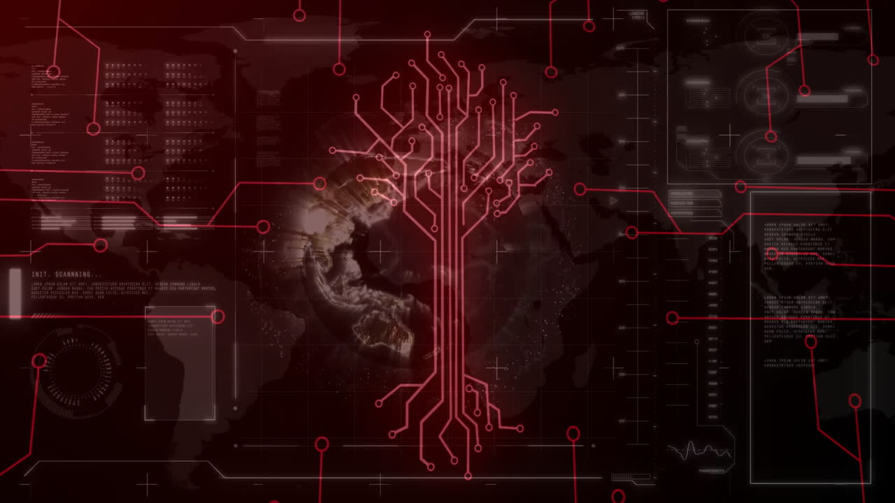 Animation of digital tree circuit with data elements over world map design