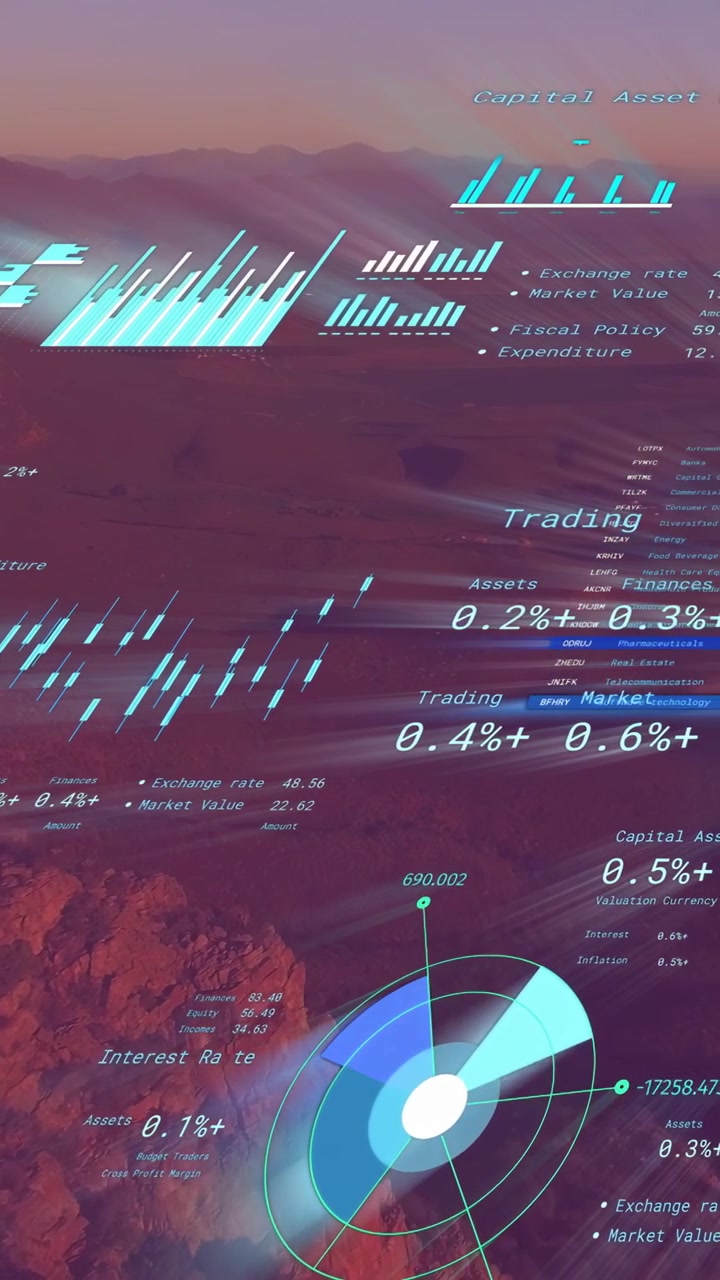 Vertical video: On camera pan teal finance HUD floating shifting updating metrics showing markets