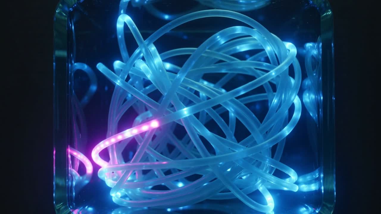 Ativando uma faixa de LED que percorre uma corda de fibra enrolada dentro de um cubo de vidro, criando um brilho magenta.
